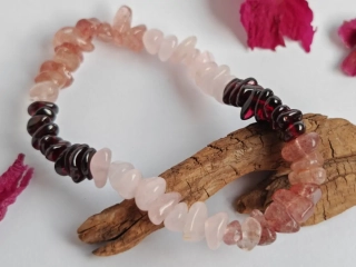 Náramok granát, ruženín, strawberry quartz 